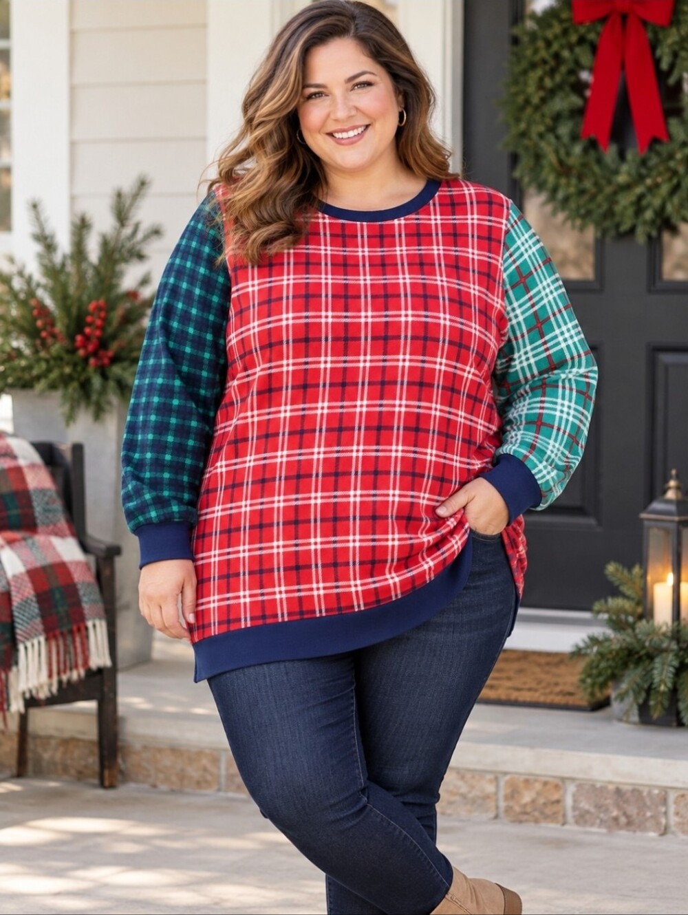 Lands’ End Serious Sweats 3X Mixed Plaid Tartan Tunic Sweatshirt Holiday